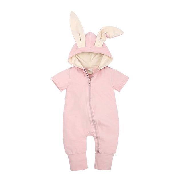 Body De Bebé Canastilla Onesies Para Niño Recién Nacido Orejas De Conejo Con Capucha Pantalones De Manga Corta Mameluco Mono Rosa Odeerbi LM103-2080