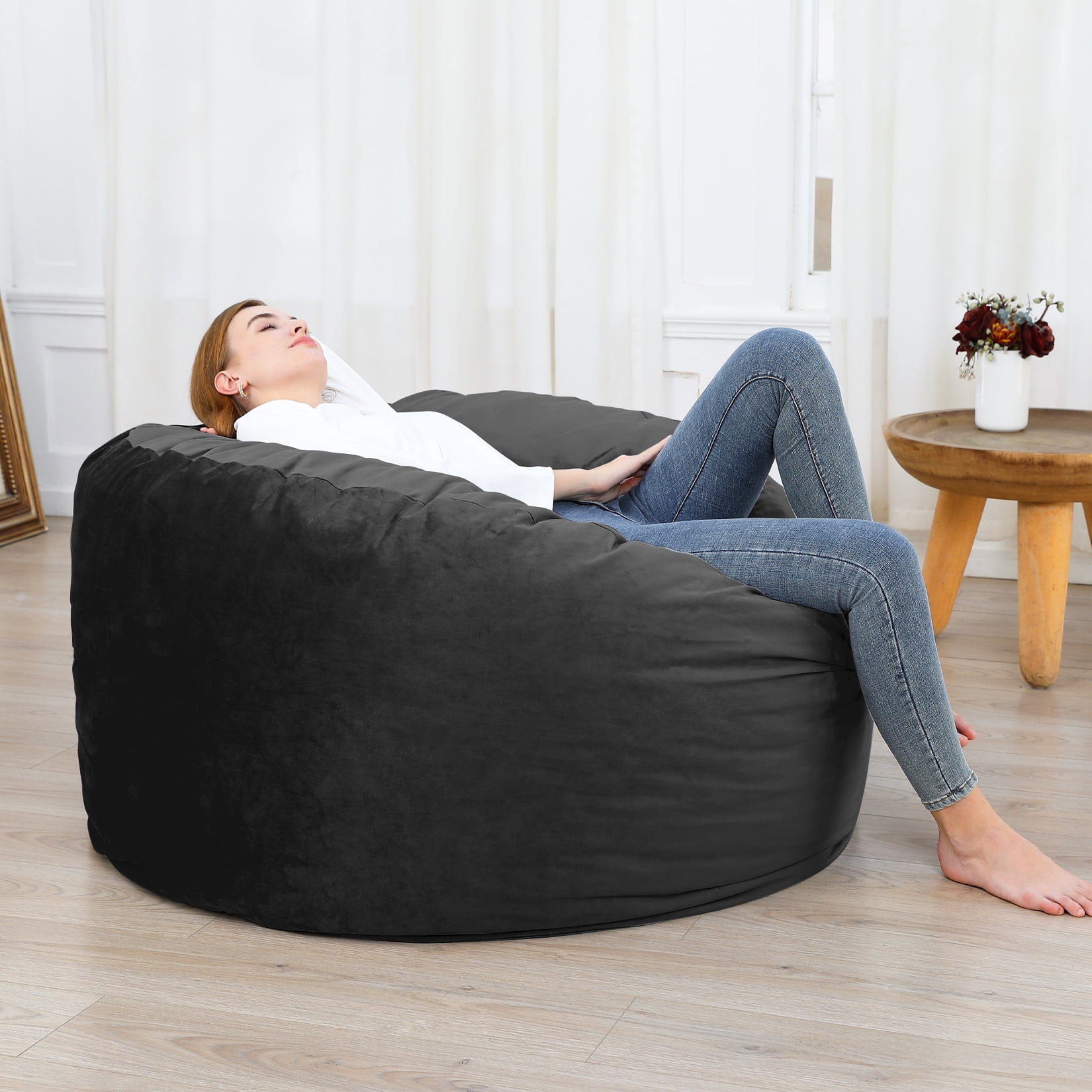 4FT Large Bean Bag Chair, Giant Bean Bag Chair with Filling, Round Bean Bag Sofa for Adults Teens, Big Sofa Bean Bag Chairs Soft Velvet Beanbag for Bedroom Living Room