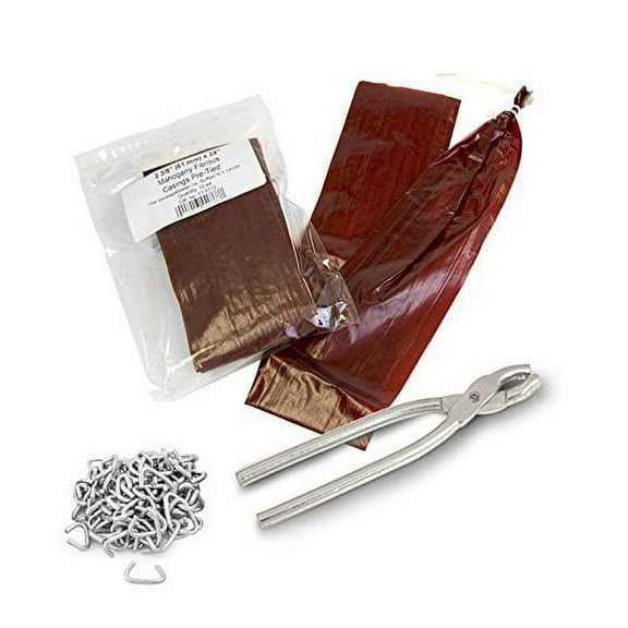 The Sausage Maker - Summer Sausage Casing Kit, Tied and Looped 61mm (2.4”) Dia. x 24” Mahogany Fibrous Casings (20ct) with Sausage Pliers and Casing Rings…
