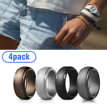 EEEkit 4Pack Silicone Wedding Ring for Men & Women - Rubber Wedding Ring Best fit Engagement Rings, Designed, Safe, Soft, Silicone Rubber Men's Band- Set of Black, Blue, Gray,