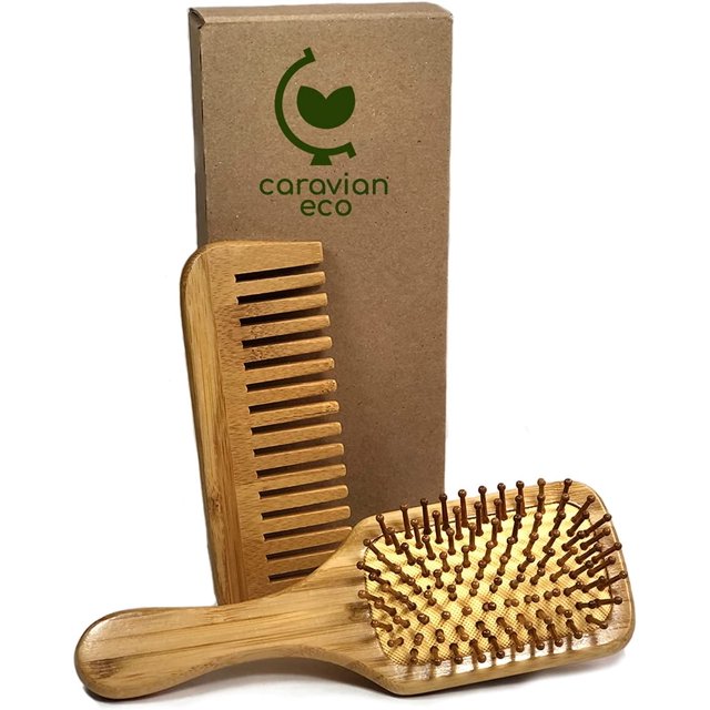 Kit Cepillo Peine Para el Cabello de Bambú Ideal Para Hombres o Mujeres CARAVIAN Ecologico