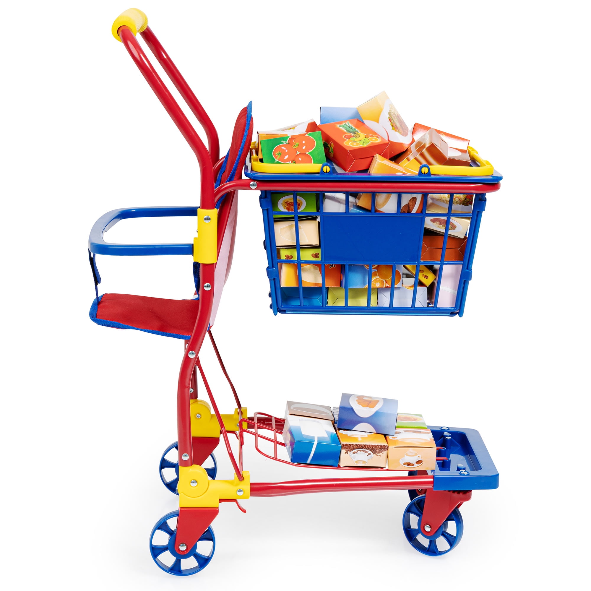 Bayer Design Dolls: Shopping Cart & Accessories - 61pcs - Blue, Red, Yellow - Doll Seat,  Boxed Food Accessories, Removable Basket, Kids Toy, Ages 3+