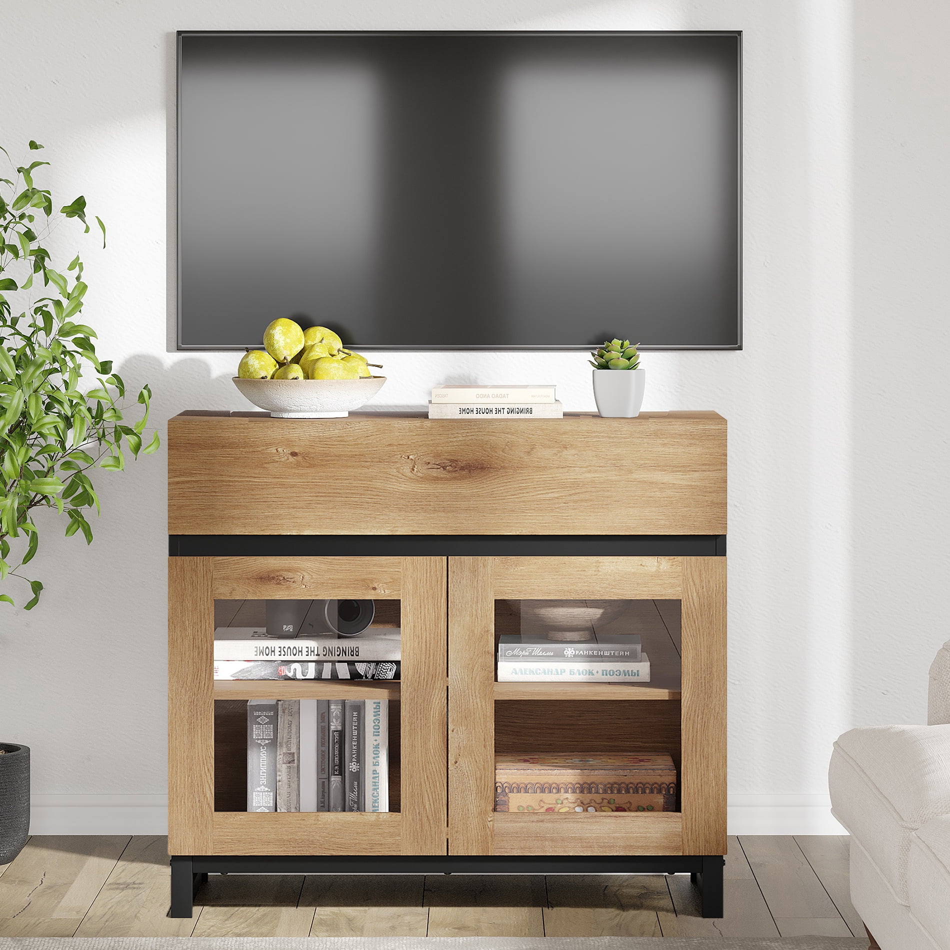 WAMPAT 3-in-1 Modern TV Stand for TVs up to 100 Inch, Glass Doors & 1 Drawer Entertainment Center, Media Console with Adjustable Shelf for Living Room & Bedroom