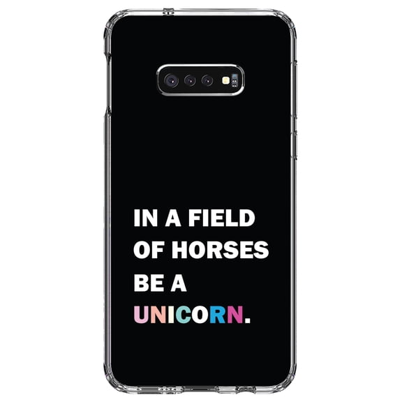 DistinctInk Clear Shockproof Hybrid Case for Samsung Galaxy S10e (5.8" Screen) - TPU Bumper, Acrylic Back, Tempered Glass Screen Protector - In a Field of Horses, Be a Unicorn - Rainbow