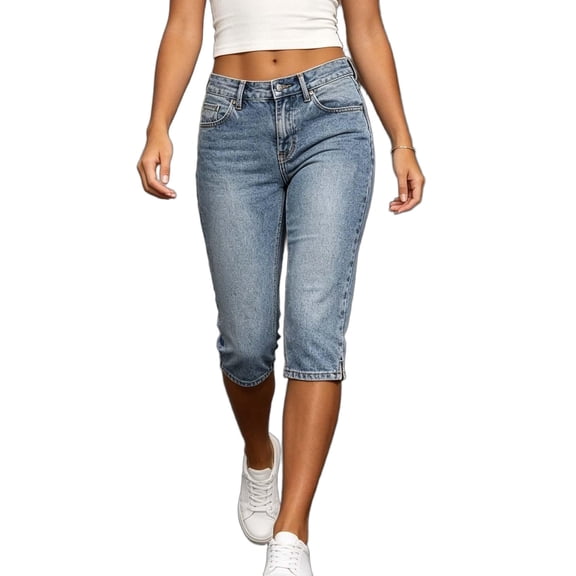 Zynoxe Womens Capri Denim Pants Trendy Stretchy Mid Waist Button Jeans Pants with Muti Pockets Casual Bodycon Cropped Denim Pants for Daily Wear Blue S
