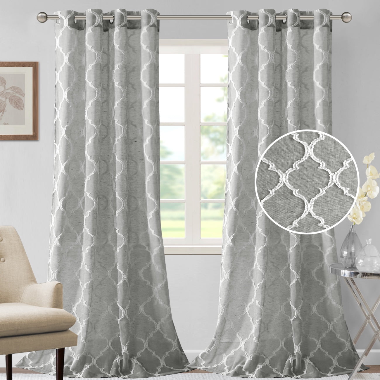 Primebeau Mosaic Lantern Gray Moroccan Grommet Light Filtering Curtain Sets Curtains, 52 in x 63 in (2 Panels)