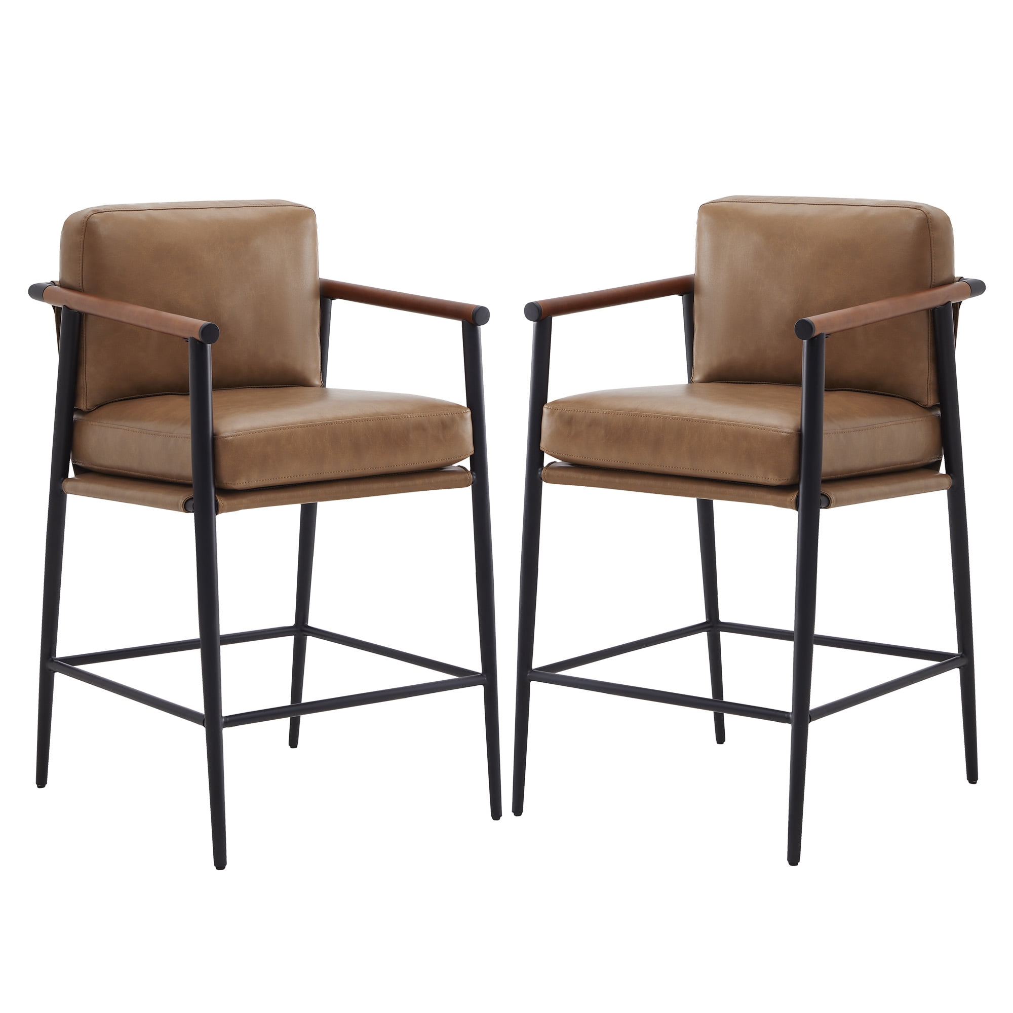 Spruce & Spring Mid-Century Modern Counter Stool Set with Wood Armrests and Cushioned Sling Seat Set of 2, Saddle Brown Faux Leather