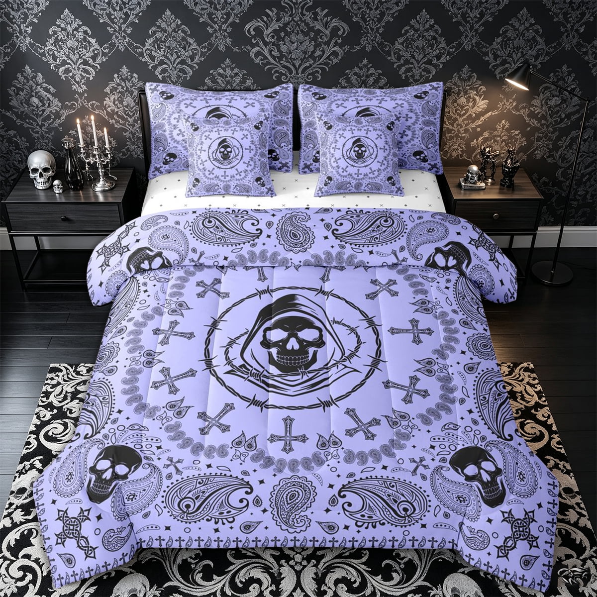 Castle Fairy Gothic Skull Full Size Bedding Sets 7 Pieces Boho Paisley Thorn Wreath Full Size Bed in a Bag Lilac Black Reversible