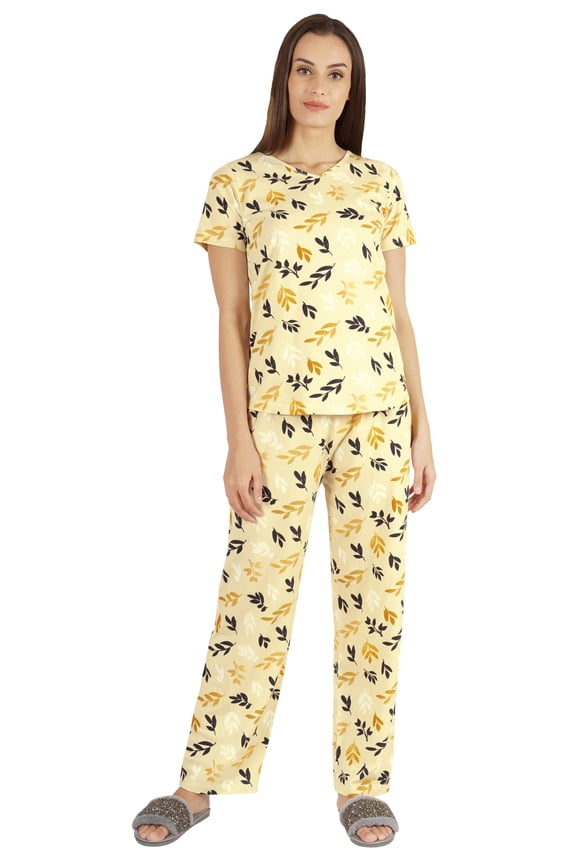 2 Pcs Printed Short Sleeves Nightwear Set For Womens Top And Pajama Sleepwear Cotton PJ Sets