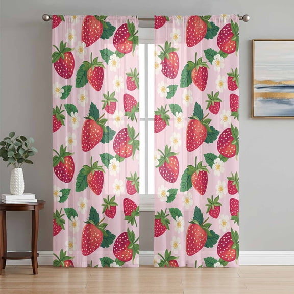 Strawberry Rustic Sheer Curtains 96 Inch Length 2 Panels Set, Pink Spring Summer Floral Fruit Voile Window Treatment Semi Sheer Long Curtains Drapes for Bedroom/Living Room/Kitchen 52"x96"x2