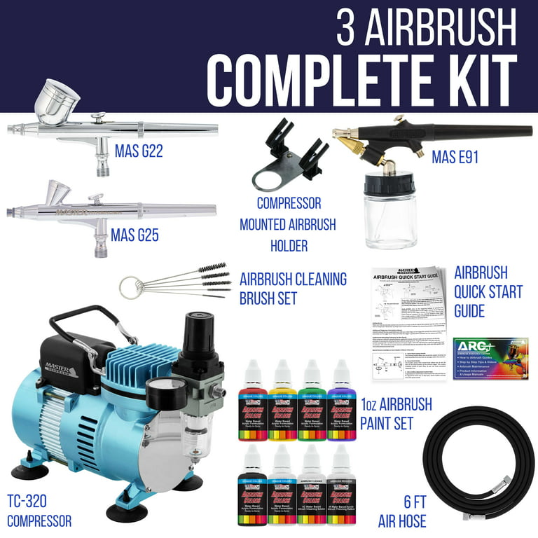 Master Airbrush Cool Runner II Dual Fan Air Compressor Airbrushing System Kit with 3 Professional Airbrushes, Gravity & Siphon Feed - 6 Primary