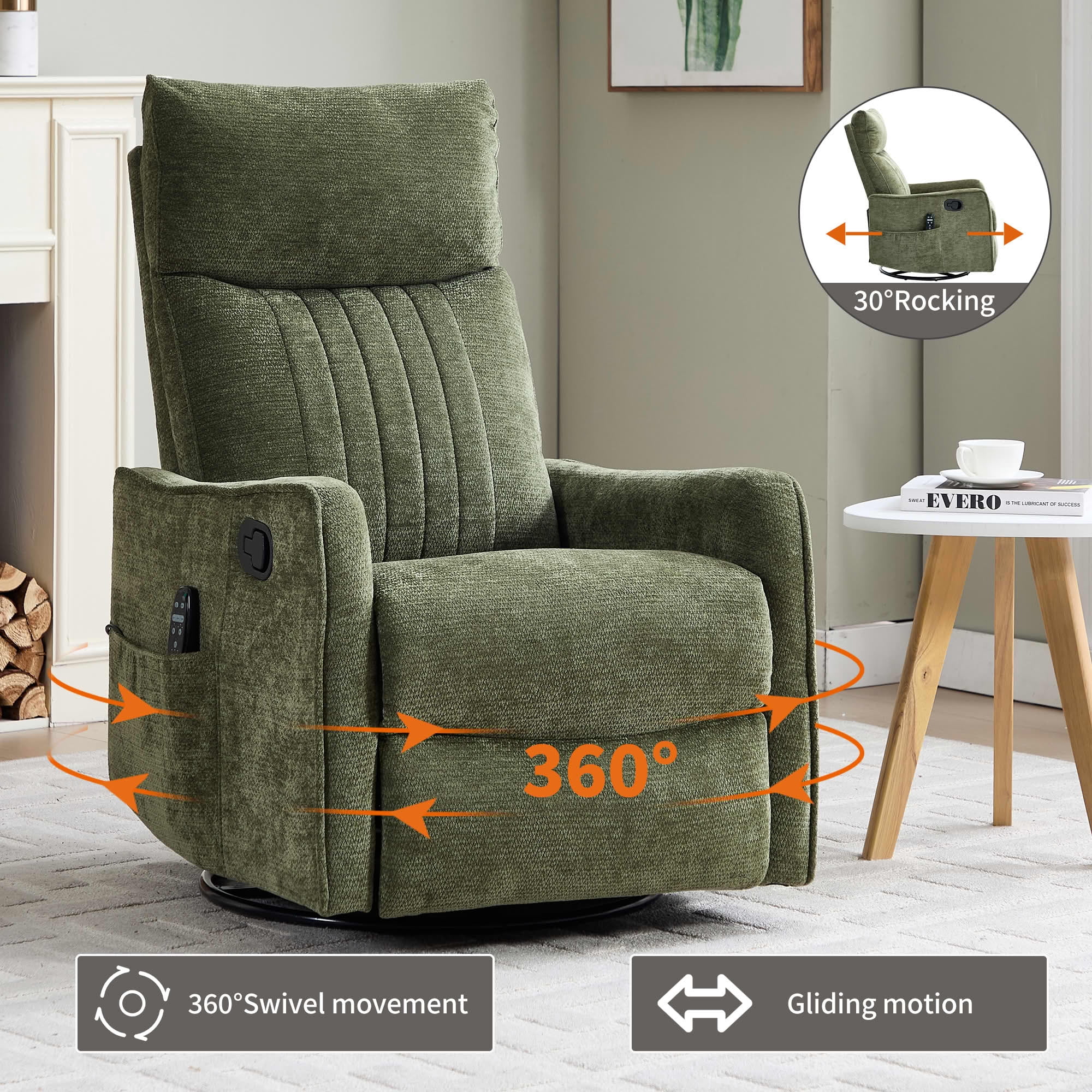 MAYEERTY 360° Swivel Rocker 155° Recline Chenille Heat Massage Recliner Chair for Living, Antique Green