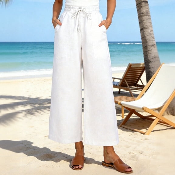 Zyloft Pants for Women Women's Pants Two-tone Linen Elastic Waistband Pockets Loose Casual Wide-Leg Cropped Pants White S
