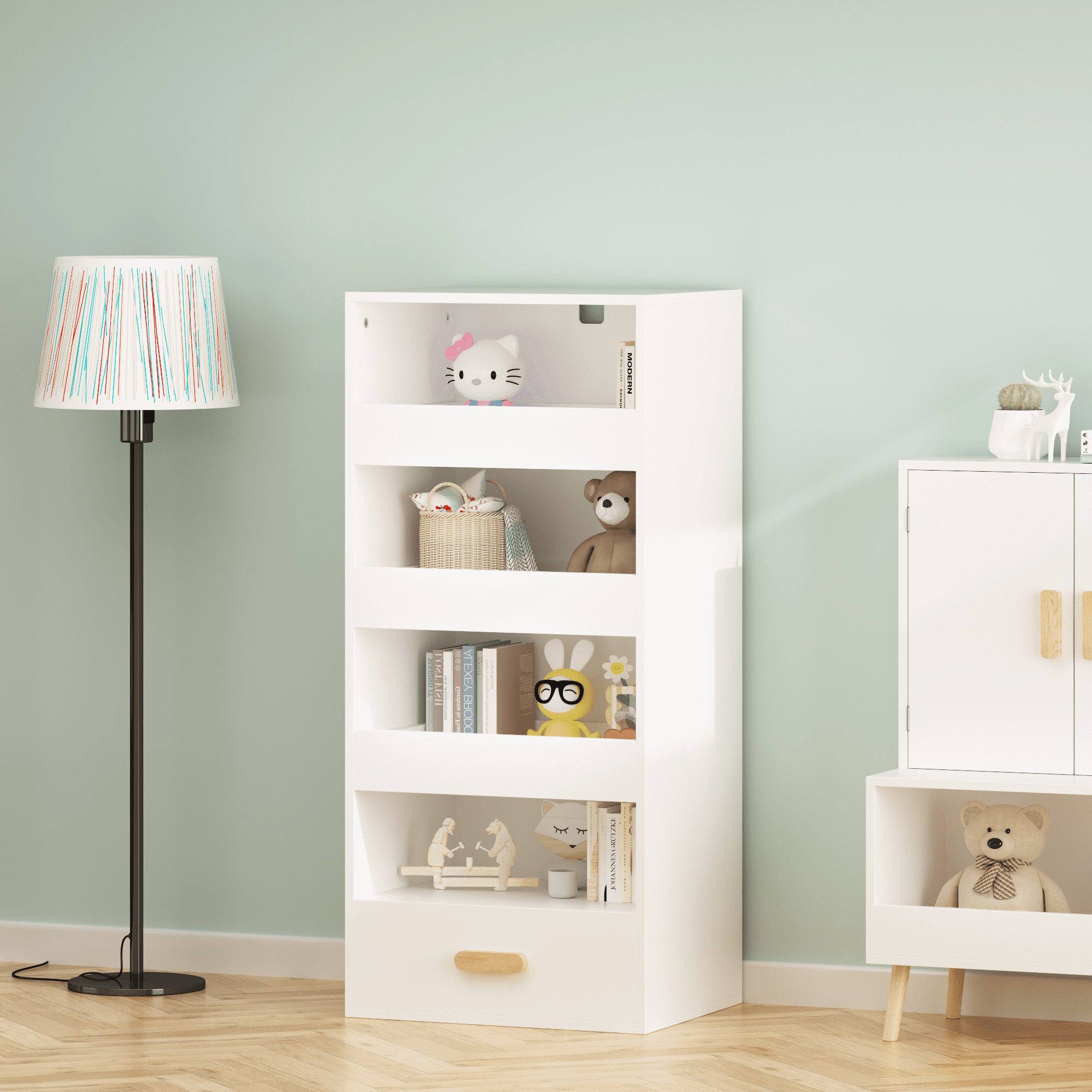 4-Tier Freestanding Bookshelf with 3 Sliding Drawers and 1 Bottom Drawer, White