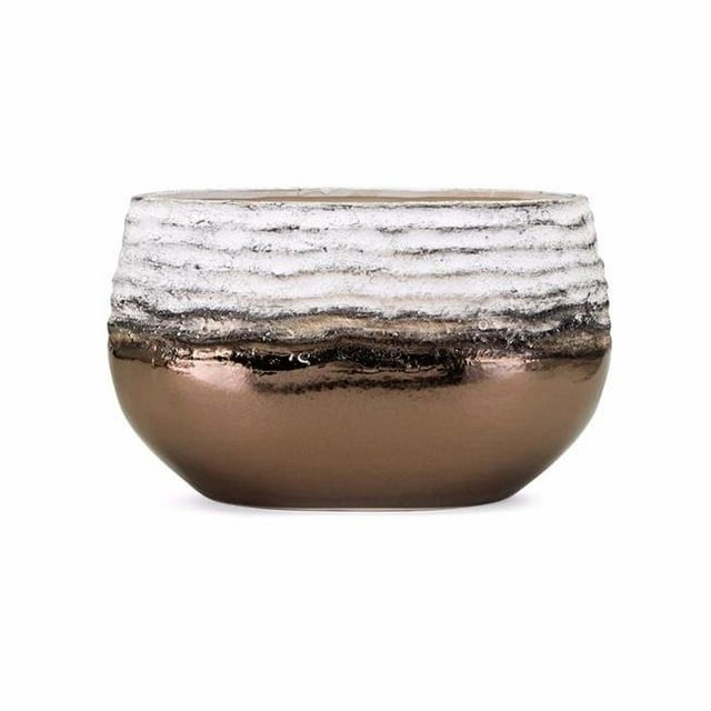 Benzara BM195374 Oval Shaped Ceramic Vase with Rippled Design Textured Surface, White & Bronze - Medium