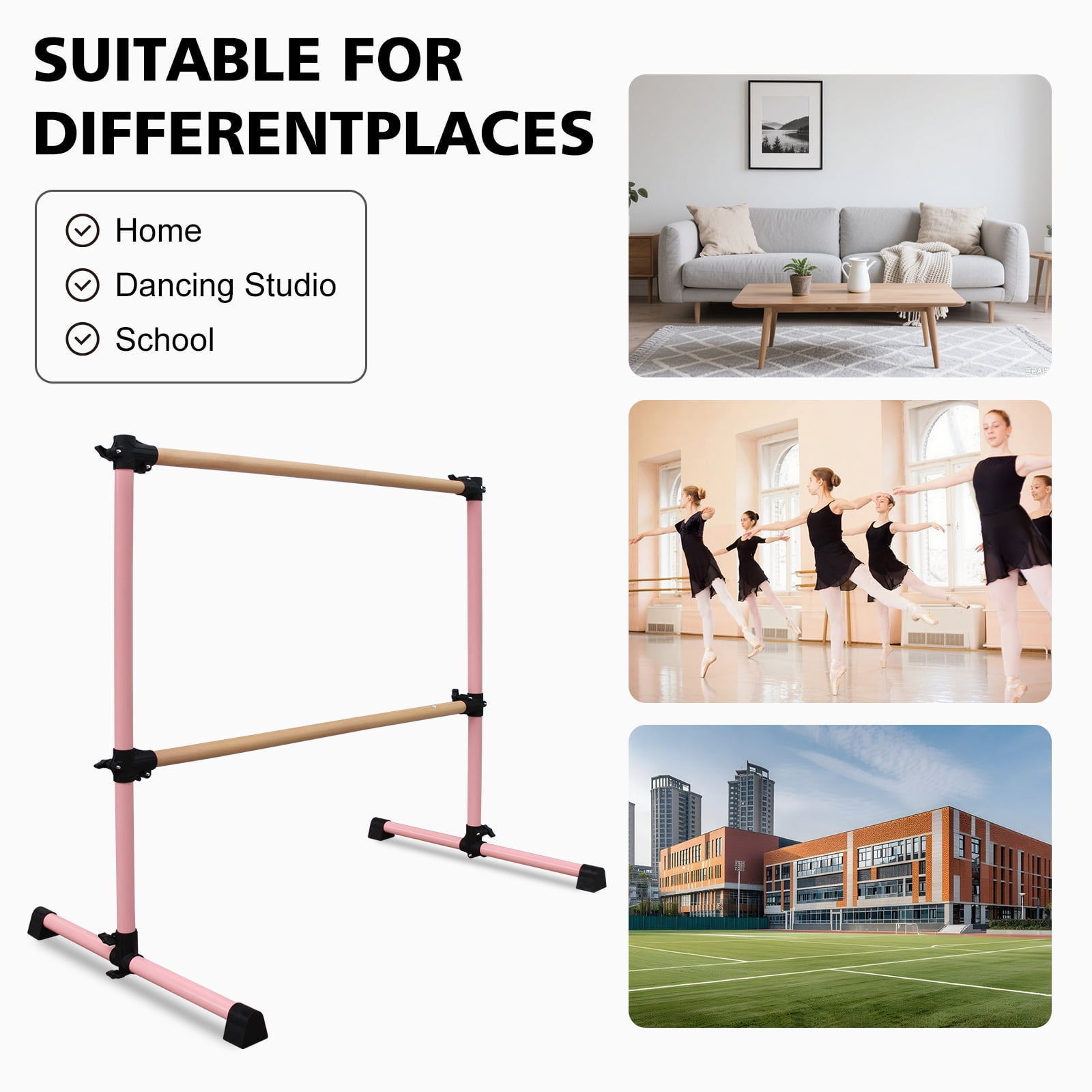 Solid Wood Ballet Barre 4FT with Adjustable Height 6.7-46 Inches, Professional Dance Practice Barre with Rotatable Base for Home, Studio, Adjustable, Pink