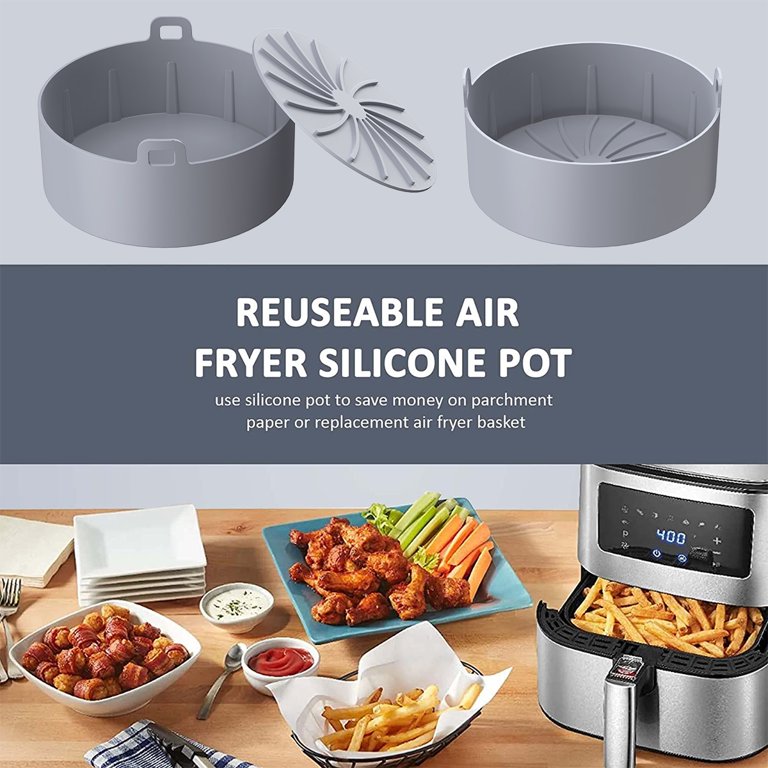 Air Fryer Silicone Liners Reusable, 7.5in Air Fryer Silicone Pot, Foldable Silicone Air Fryer Basket with Silicone Oven Mitts (Green)