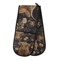 Yayeee Double Oven Mitt Kitchen Heat Resistant Baking 35" x7" Quilted Glove, Cows and Flowers