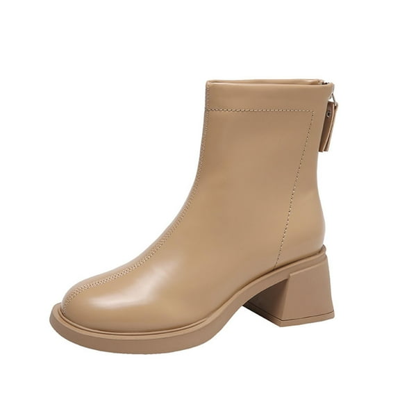 Jsaierl Women's GoGo Ankle Boots Chunky Block Heel Booties Mid Calf Low Heeled Short Booties Fashion Short Boots Side Zipper Boots