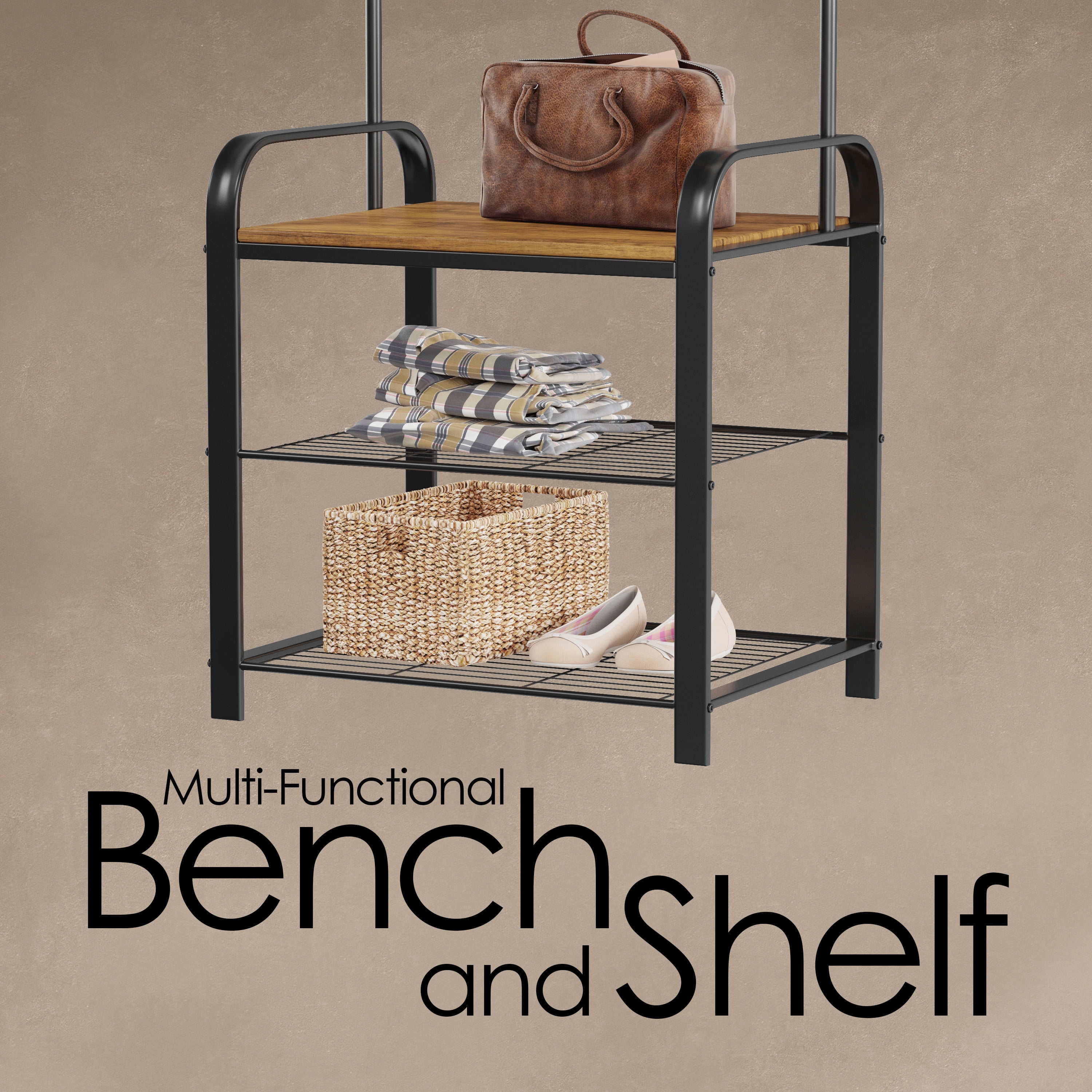 Lavish Home Entryway Bench with Coat Rack – Metal Hall Tree with Seat, Hooks, and Shoe Storage – Rustic Farmhouse Freestanding Mudroom Furniture