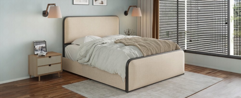 King Size metal bed frame with storage drawers and curved upholstered headboard, beige for master bedroom.