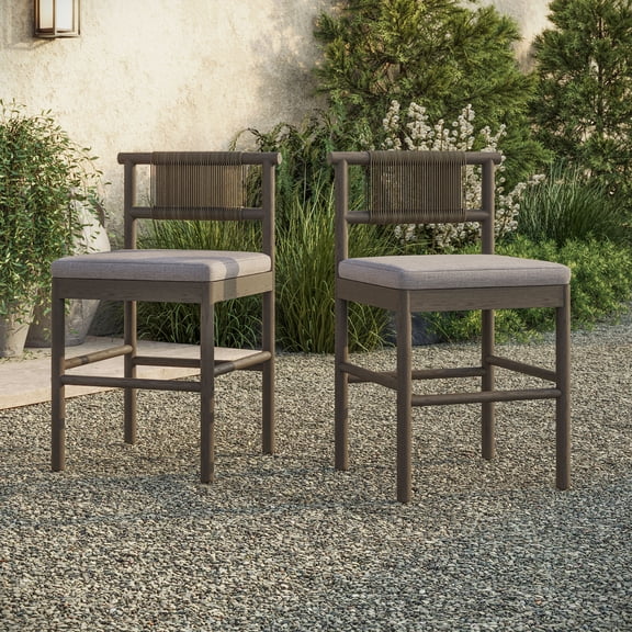 Eleni Outdoor Teak Wood Counter Stools Set of 2 in Weathered Gray Pebble