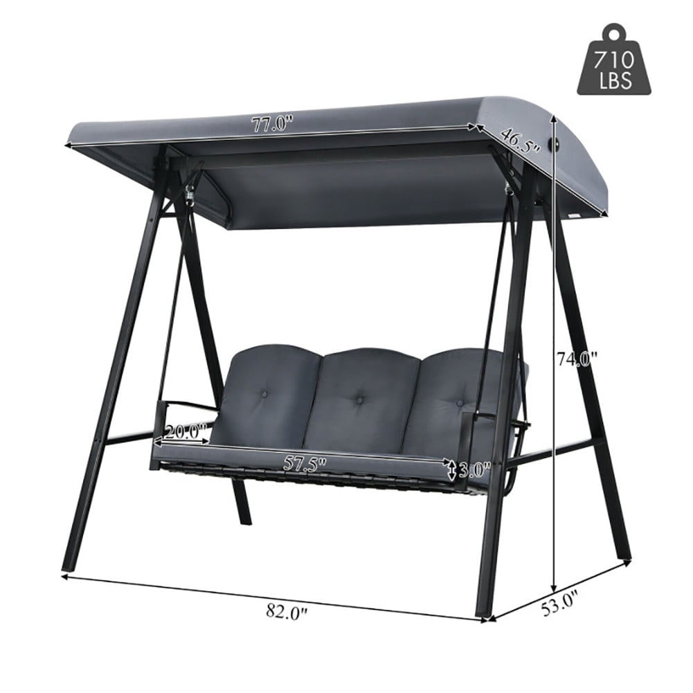 Aimee Lii Outdoor 3-Seat Porch Swing with Adjust Canopy and Cushions, Swing Chair Outdoor, Gray