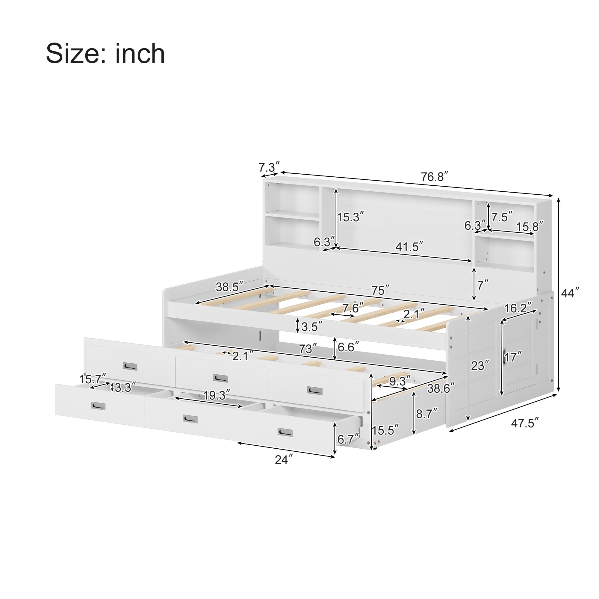 PORKISS Twin Size Daybed, Wooden Captain Daybed with Storage Bookcase Headboard, Modern Captain’s Bed with Trundle and Storage Drawers for Kids, Teens, No Box Spring Needed, White