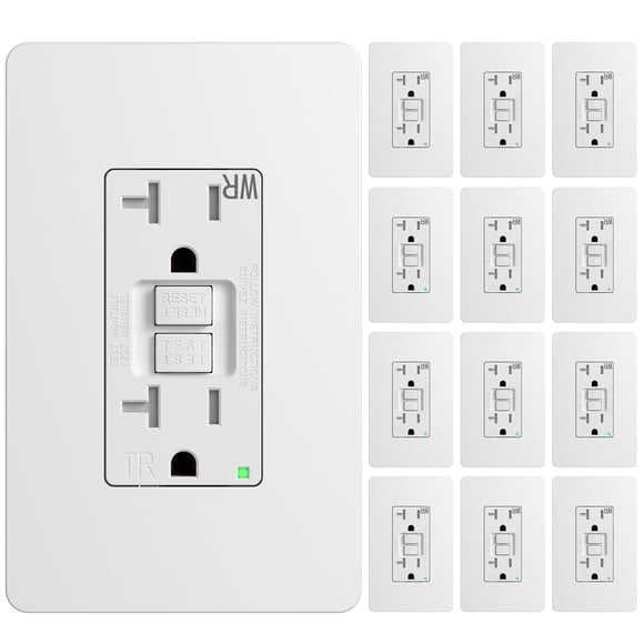 Amico Lot de 12 Prises GFCI 20 A, avec Plaque Murale et Construction Plus Mince, Indicateur de Sécurité d'Alimentation à DEL, Auto-Essai, Récipients Résistants aux Intempéries (WR) pour l'Extérieur