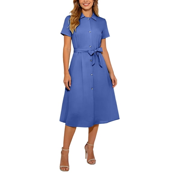 DHFJKG Summer Dresses For Women Midi Shirt Dress Casual Short Sleeve Button Down Lapel Tie Waist Wedding Guest Dress Stylish Dresses
