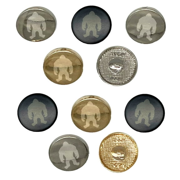 Hairy Bigfoot Sasquatch Standing Silhouette Set of 10 Metal 0.6" (15mm) Sewing Shank Round Buttons - Silver Color