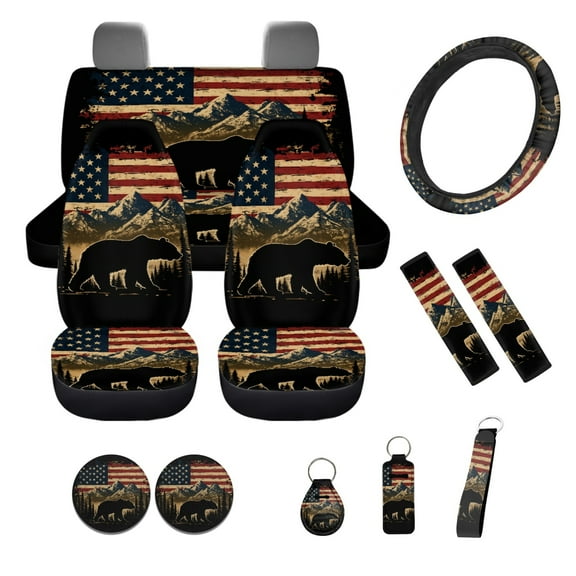 Yuyamidu Beer Car Seat Cover Set with Steering Wheel Cover American Flag Seat Belt Covers Cup Coasters Lipstick Holder Keychain Wrist Key Chain 12 PCS Auto Accessories