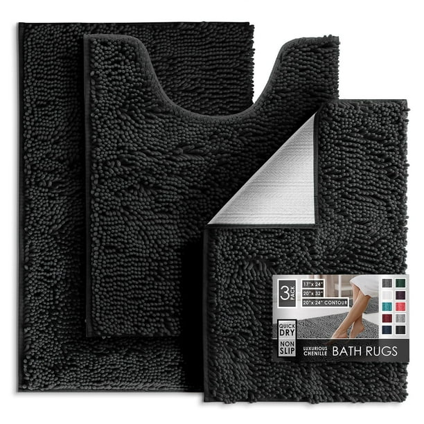 Juego de alfombras de baño Hearth & Harbor Chenille, antideslizantes, color negro