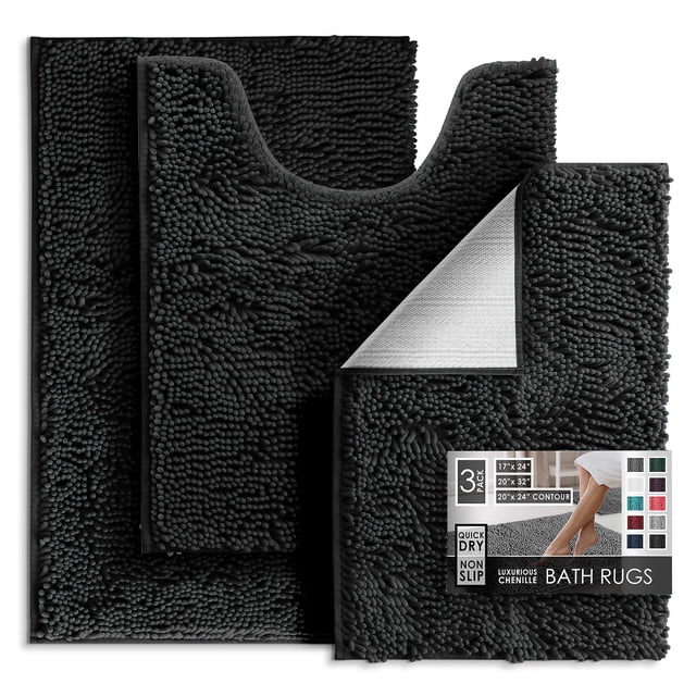 Juego de alfombras de baño Hearth & Harbor Chenille, antideslizantes, color negro