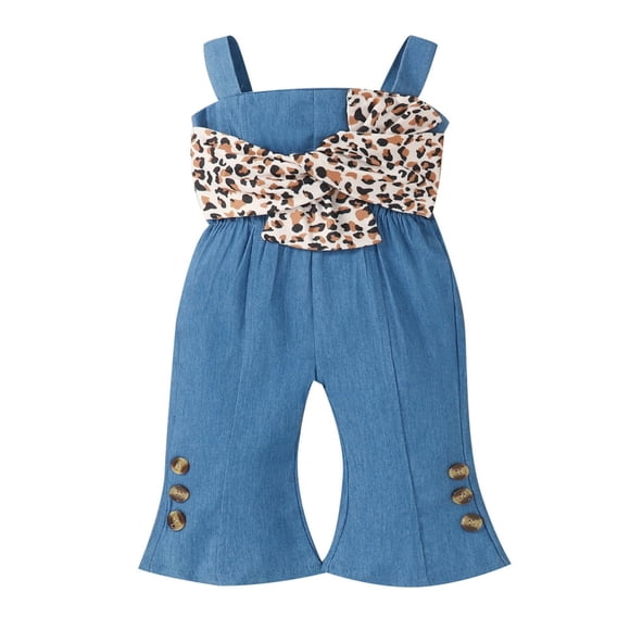 Baby Girls Casual Jumpsuit Leopard Printed Pattern Square Collar Sleeveless One-piece Pink/ Blue