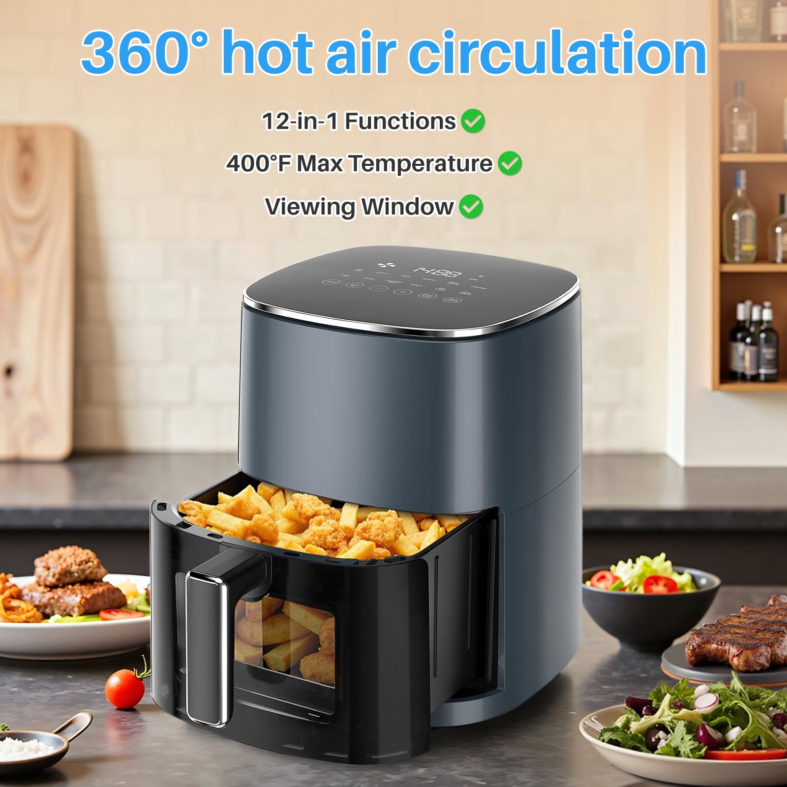 6Qt Air Fryer, Gray 12-in-1 Functions Air Fryer, Automatic Shutoff, Built-in Timer, Basket, Oil, Frying 400°F Max