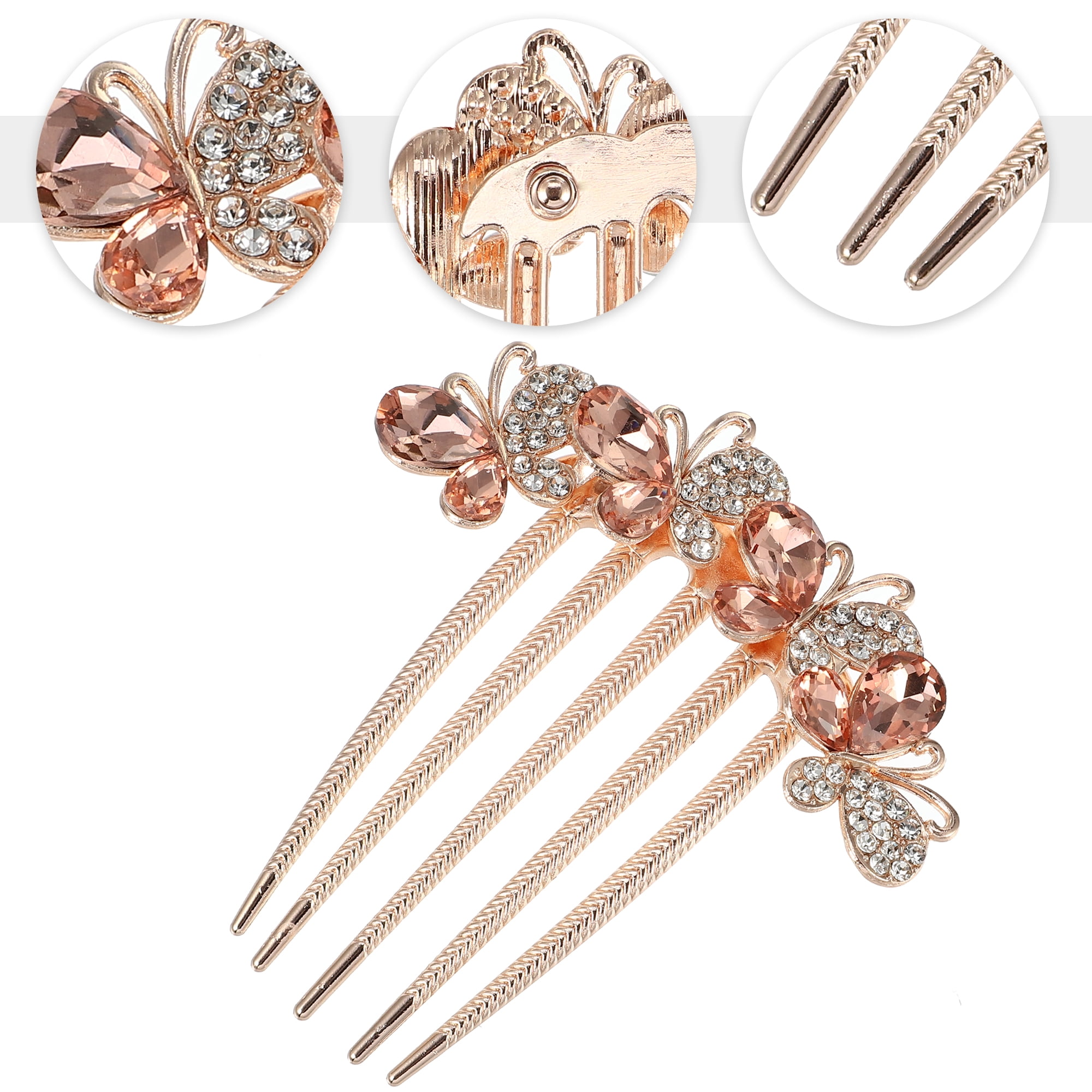 Unique Bargains Women Rhinestone Inlaid Flower Hair Comb Side Comb Clips Champagne