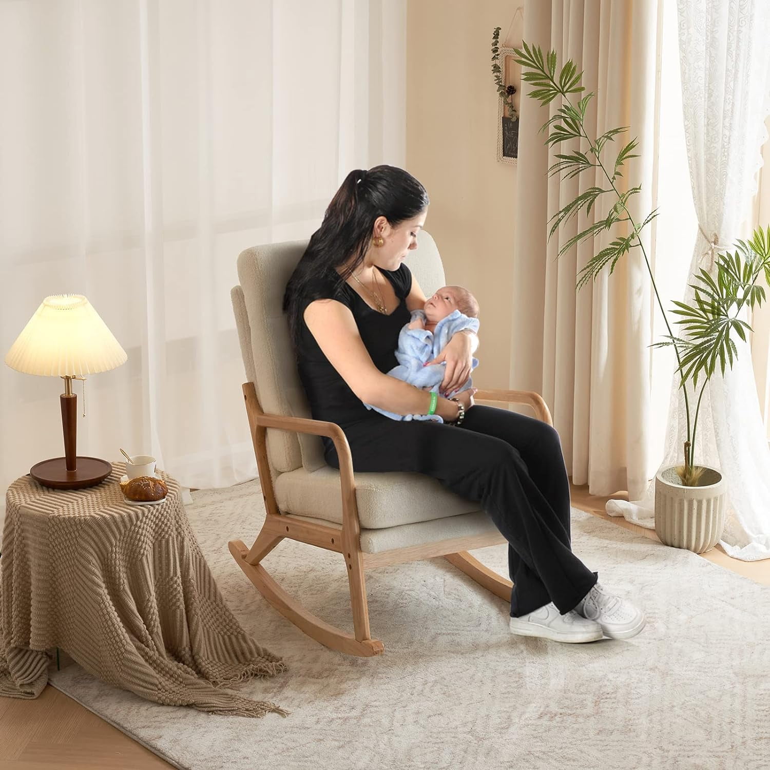 Nursery Rocking Chair Removable Glider Rocker High Backrest Rocking Armchair Mid-Century Accent Chair with Lumber Pillow for Bedroom, Living Room, Nursery, Creamy-White