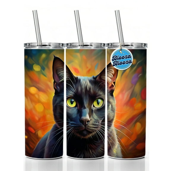 Black Cat Colorful Contemporary Style Art 20oz Insulated Water Bottle Skinny Tumbler Includes Straw