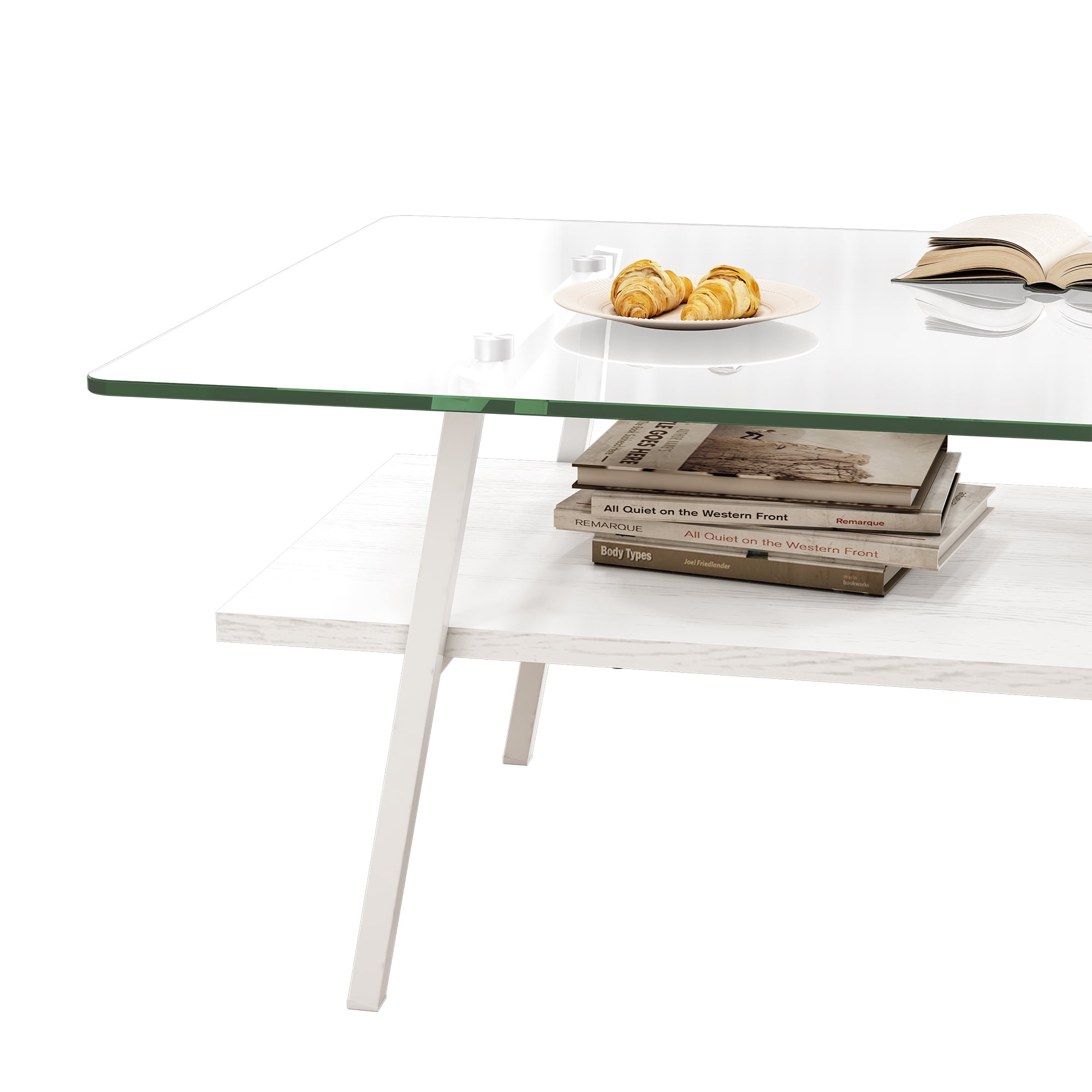 MAYEERTY Rectangle Coffee Table with Tempered Tempered Glass Top and White Metal Legs