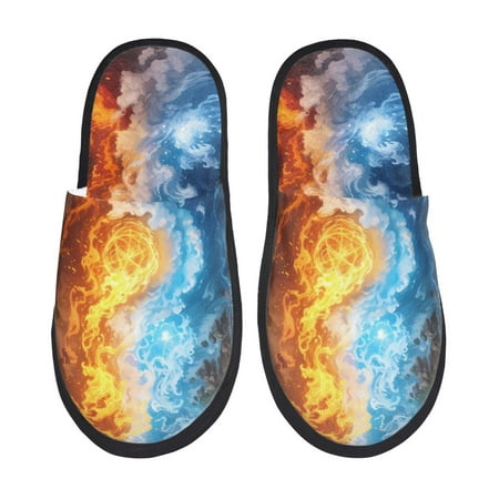 Balery Red And Blue Flame Waves Slient Indoor Furry Fleece Comfort House Shoes Soft Non-Slip Home Shoes Cotton slippers House Slippers-- Large