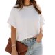 thumbnail image 1 of Top de punto con manga con volantes para mujer, cuello redondo, manga corta, jersey de color puro para verano, blanco L, 1 of 7