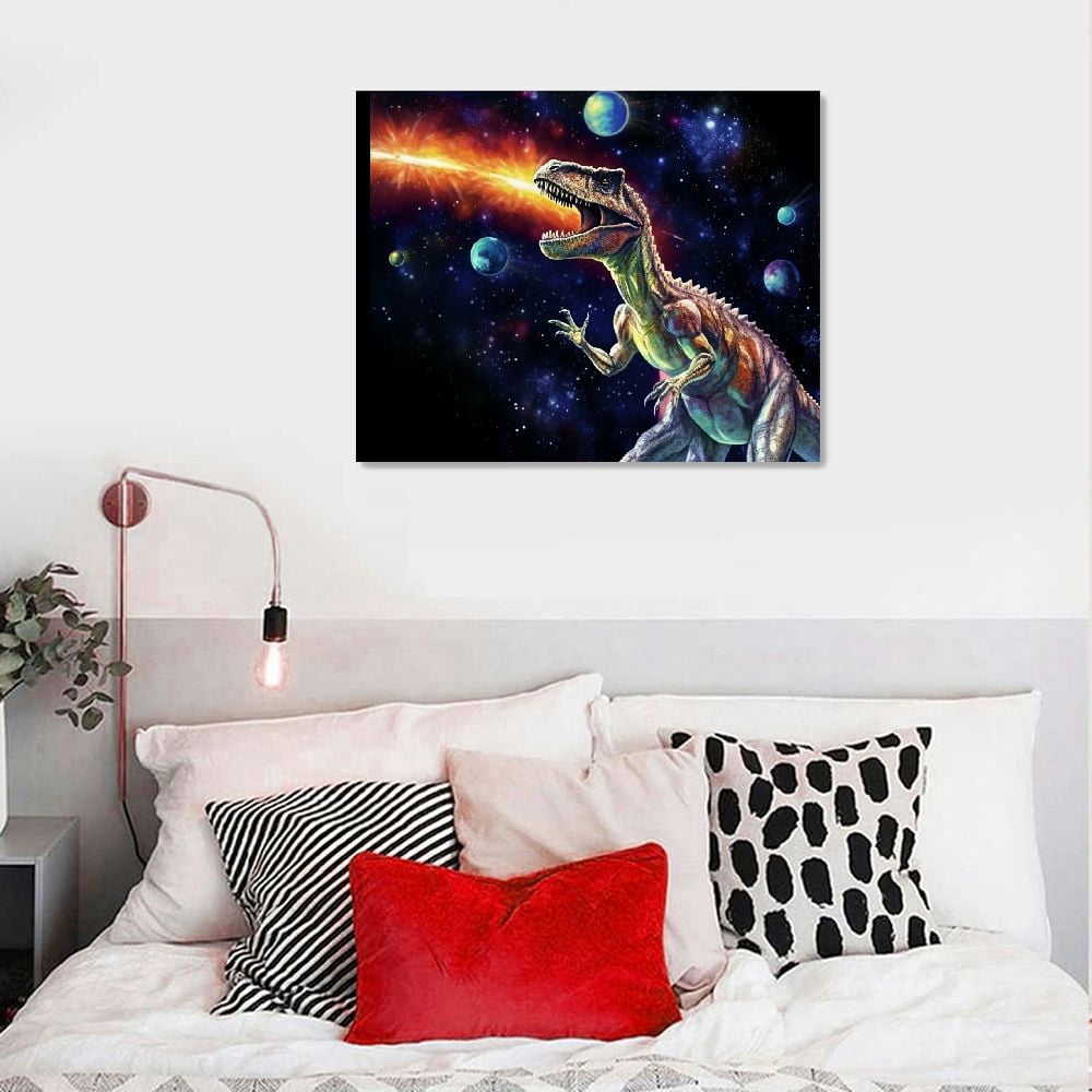 COMIO Dinosaur Decor Wall Art for Boy's Room Dinosaur Pictures Universe Space Decor Canvas Painting Framed Artwork for Living Room Bedroom 20x16in