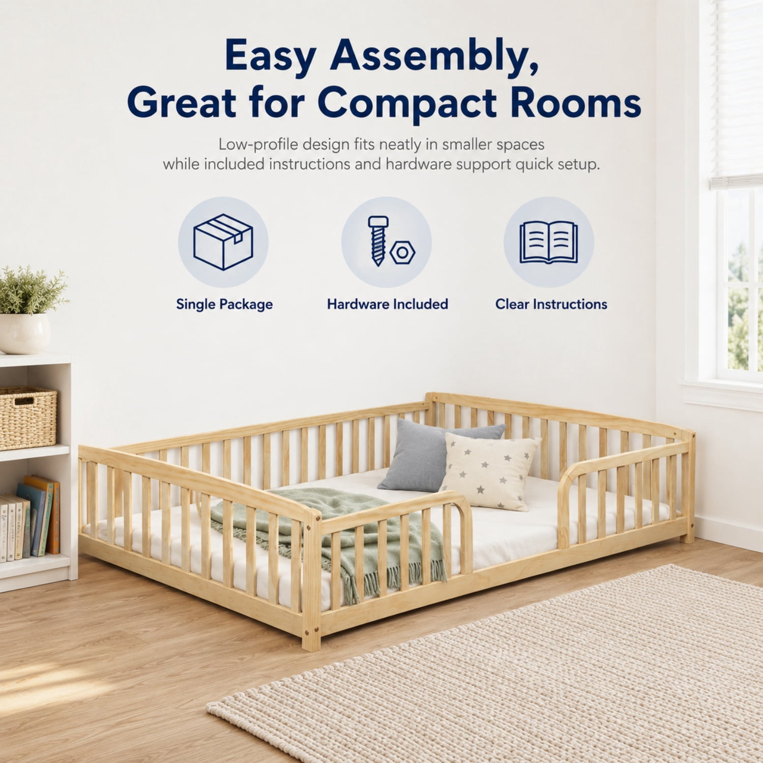 Miniyam Full Size Floor Bed with Guardrails, Low Profile Wooden Kids Bed Frame with Rounded Entrance, Natural