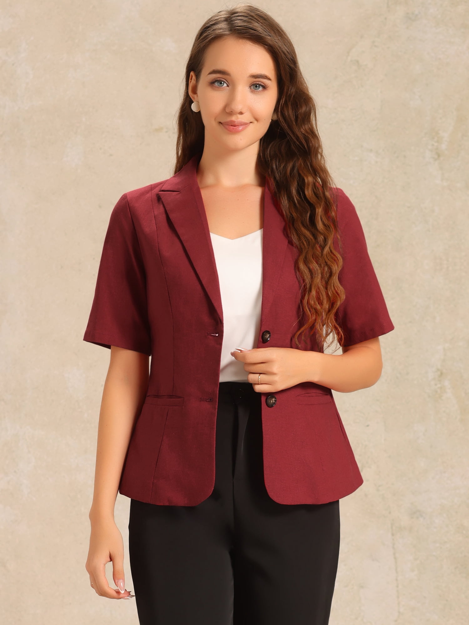 DARING DIVA Women's Cotton Linen Short Sleeve Blazer for Work Office S Dark Red
