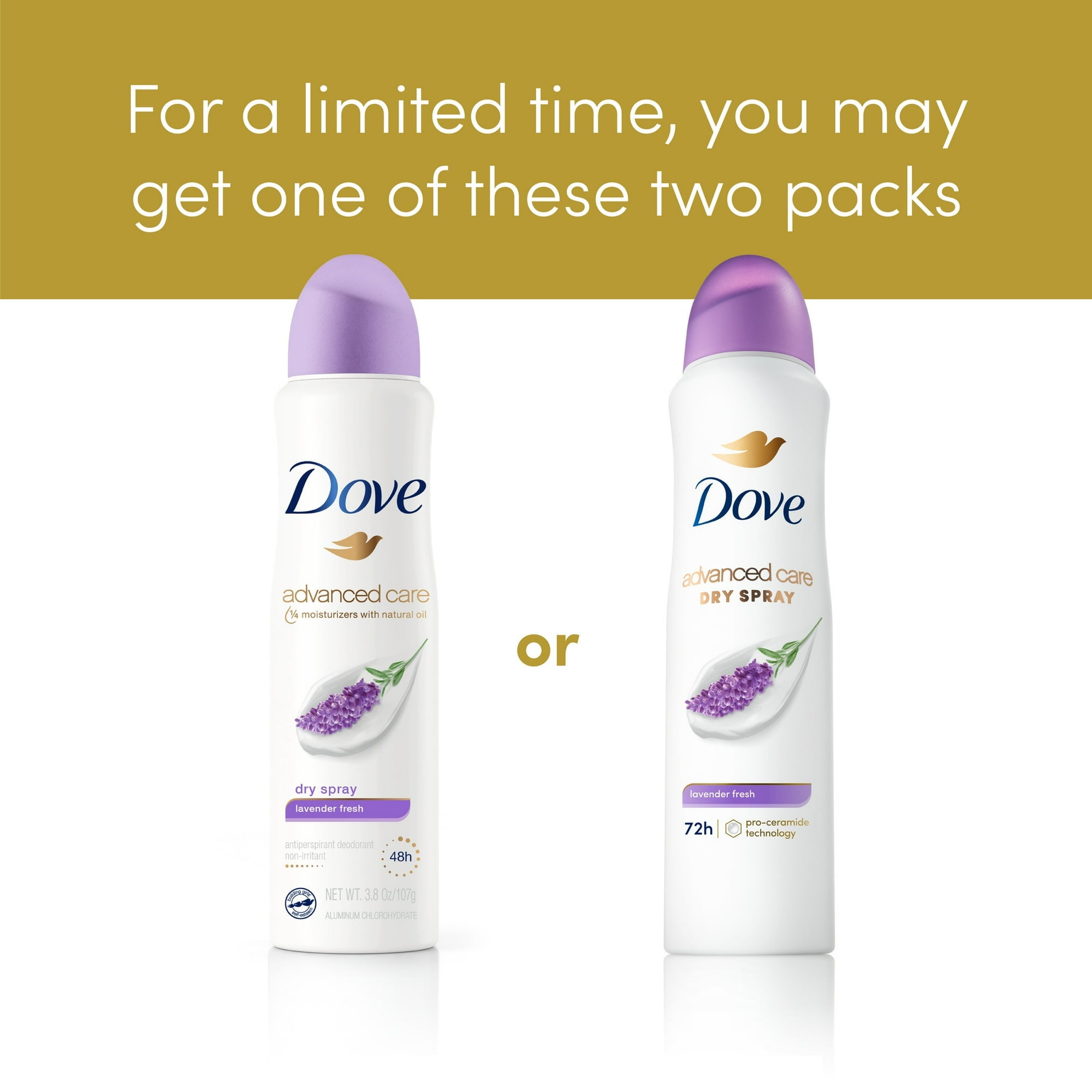 Dove Advanced Care Long Lasting Women's Antiperspirant Deodorant Dry Spray, Lavender Fresh, 3.8 oz - 4 Pack
