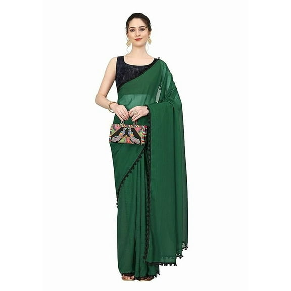 Accessorize Kingdom Georgette Pom-Pom Lace Boardered Saree With Unstitched Blouse Piece (Zomato)