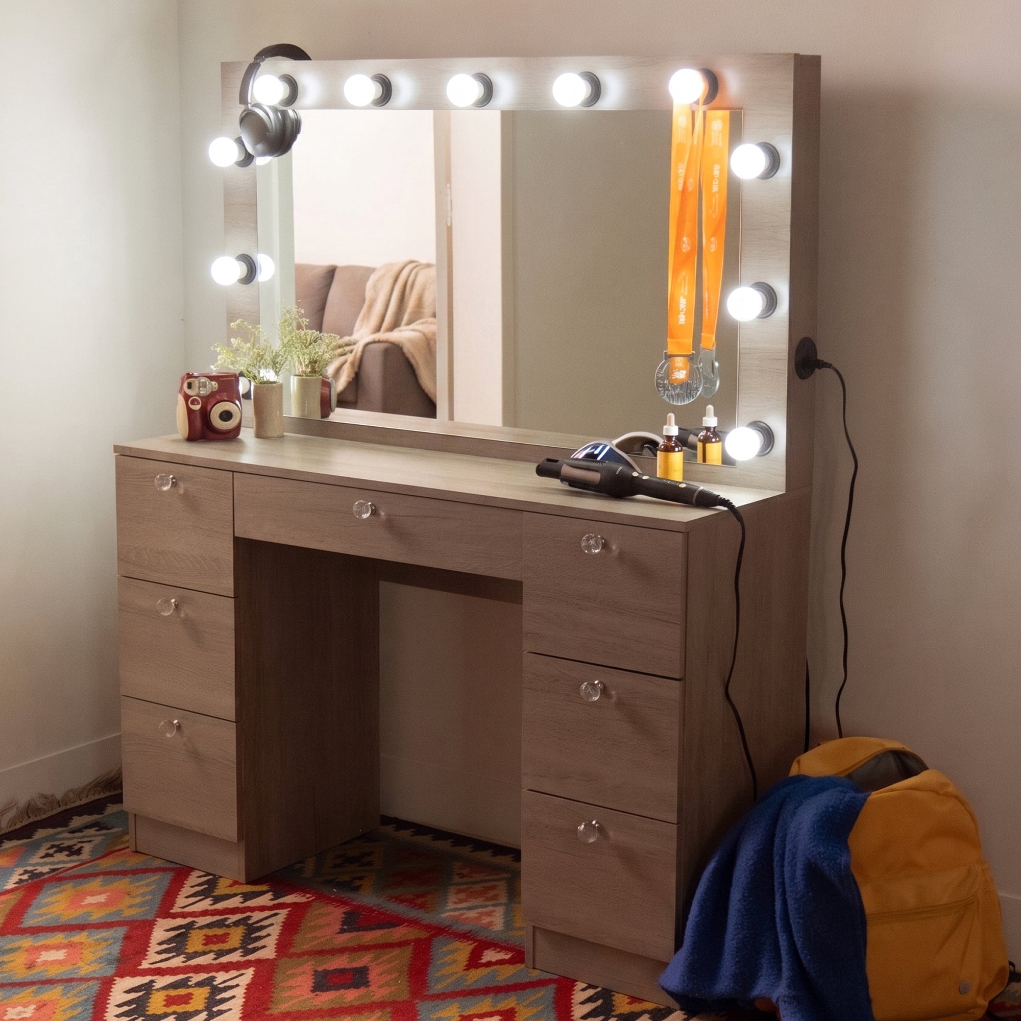 Boahaus Freya Vanity Desk with Mirror Lights and Power Outlet - 7 Drawer Makeup Table