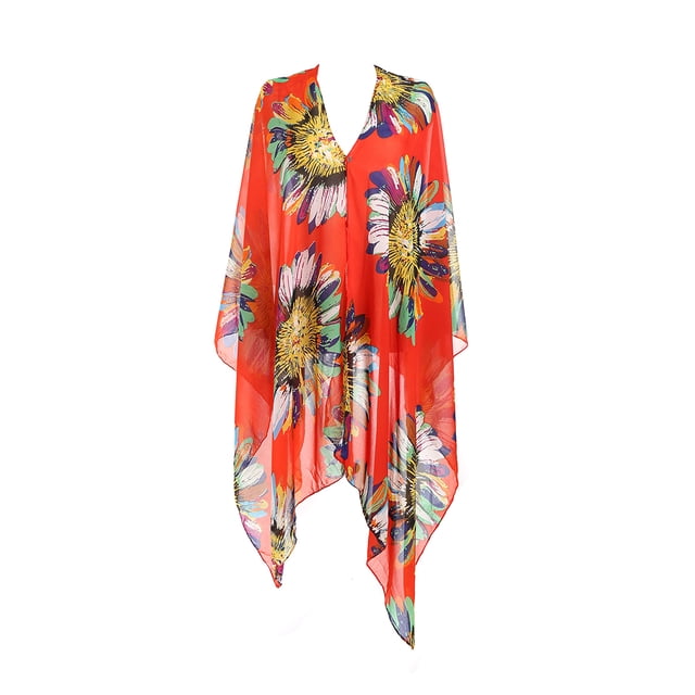 Blusas de playa de chifón para mujer Kimono Cardigan largo Bikini cubrir rojo Yuyangstore Cárdigan tipo kimono de playa