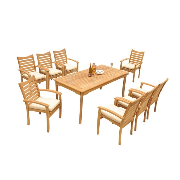 Grade-A Teak Dining Set: 8 Seater 9 Pc: 71" Rectangle Table And 8 Aspen Stacking Arm Chairs Outdoor Patio WholesaleTeak #51AP1609